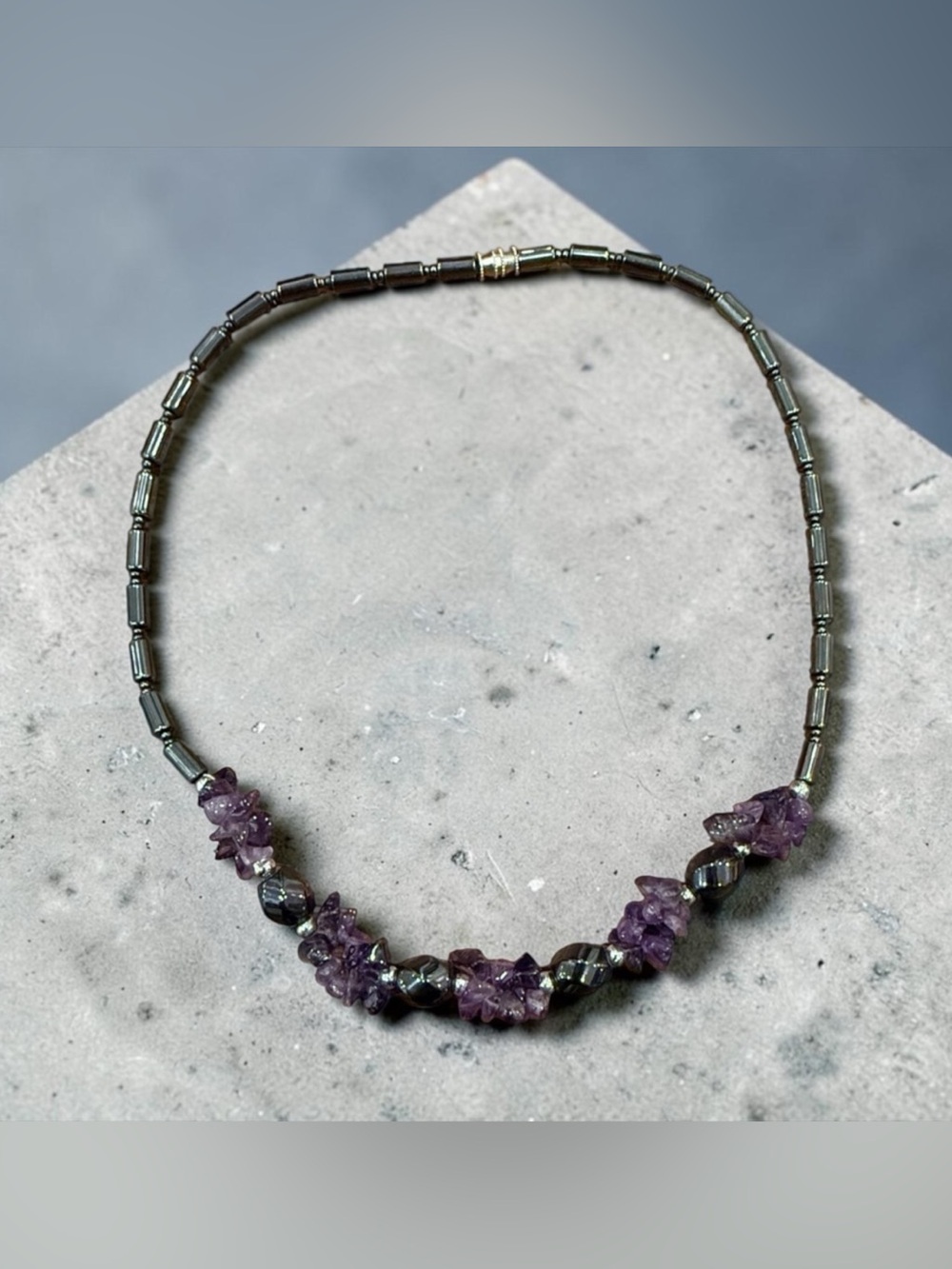 Purple Amethyst Chip & Hematite Bead Necklace - Unbranded